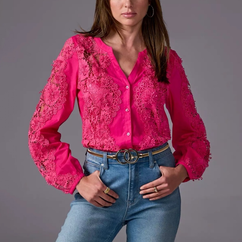 Boston Proper Pink Lace Inset Button Up Blouse